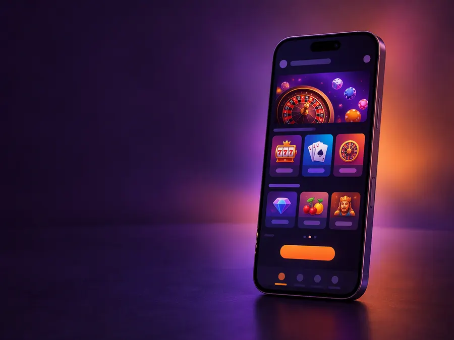 Smartphone mostrando un lobby de casino con tarjetas de juegos de colores