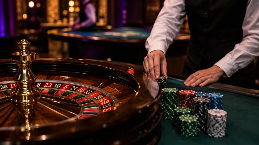 Mesa de ruleta en vivo con fichas y crupier