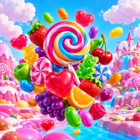 Ilustración de caramelos y frutas de colores, temática de Sweet Bonanza