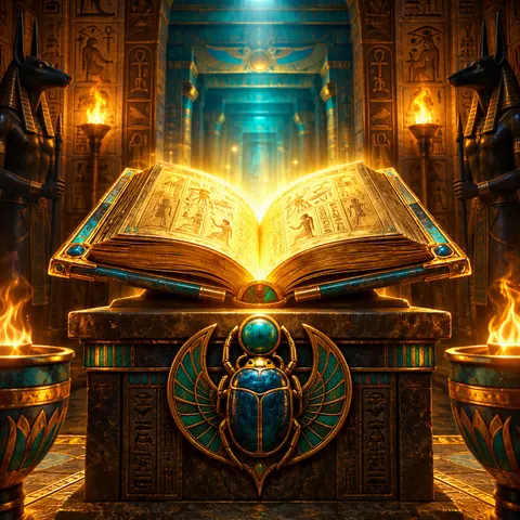 Ilustración de un libro dorado en una tumba egipcia