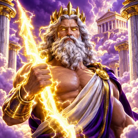 Ilustración de un dios griego con un rayo, temática de Gates of Olympus