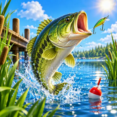 Ilustración de una lubina saltando fuera de un lago